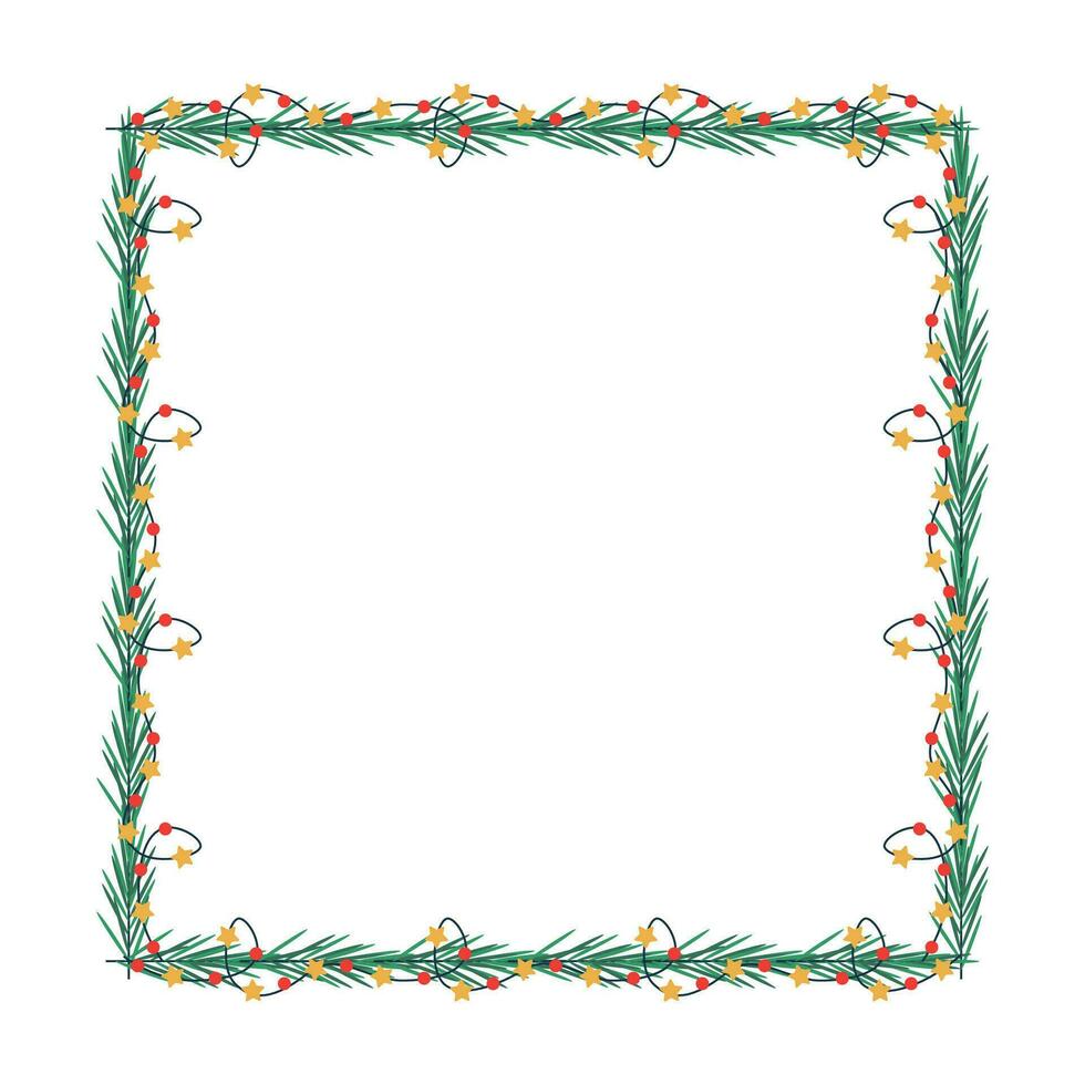 Christmas frame, garland with light bulbs, tree branch. vector
