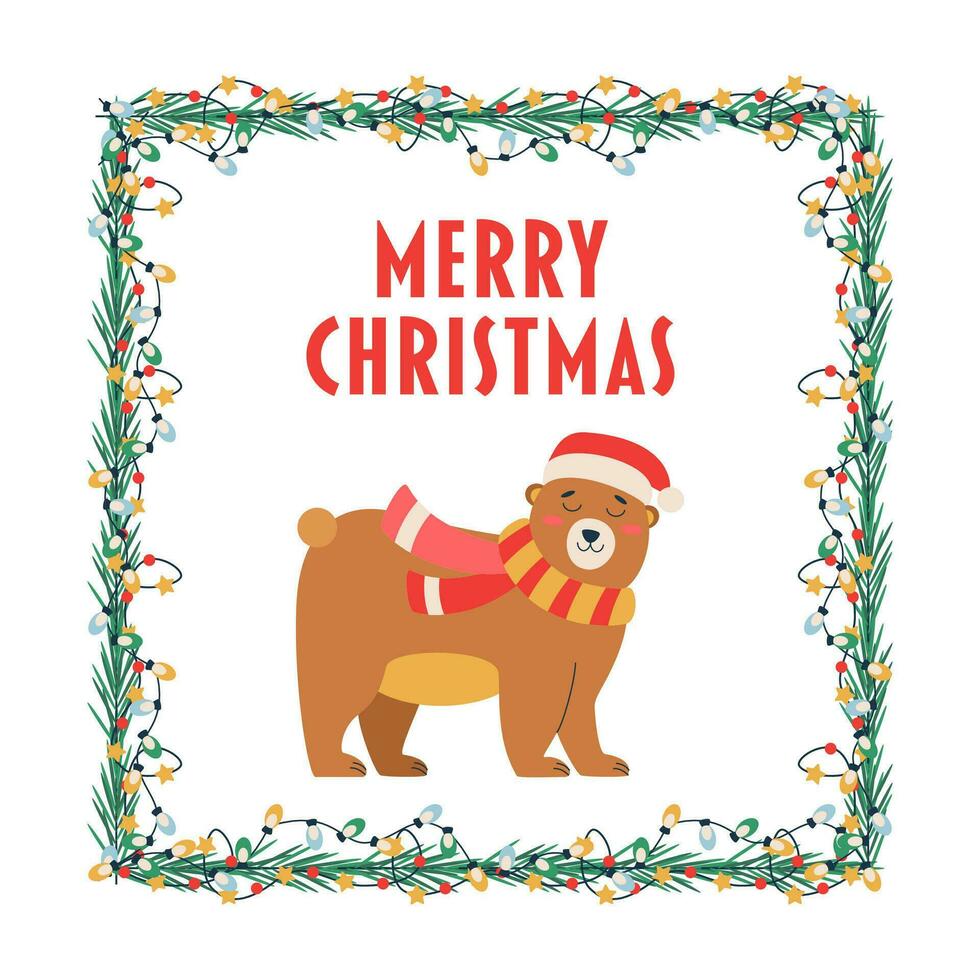 Christmas lettering, text and bear, frame, garland with light bulbs, tree branch. vector
