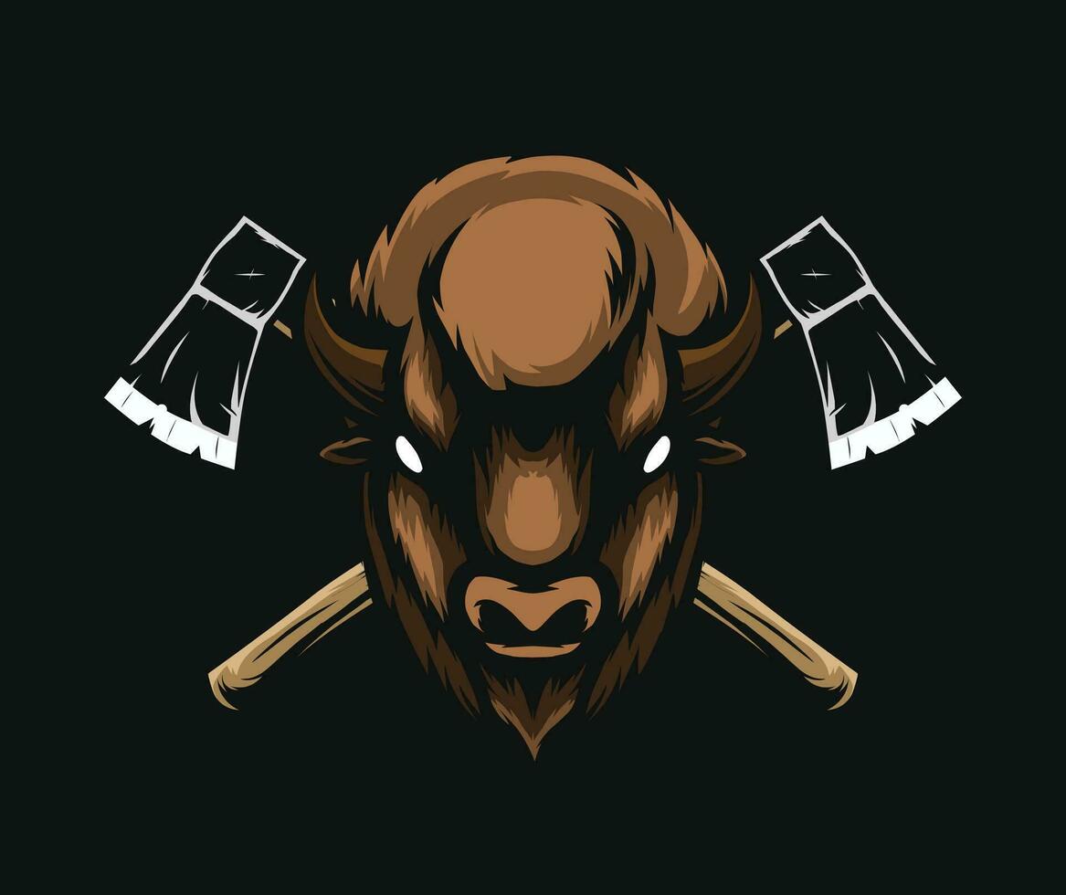 bison and cross axe vector drawing