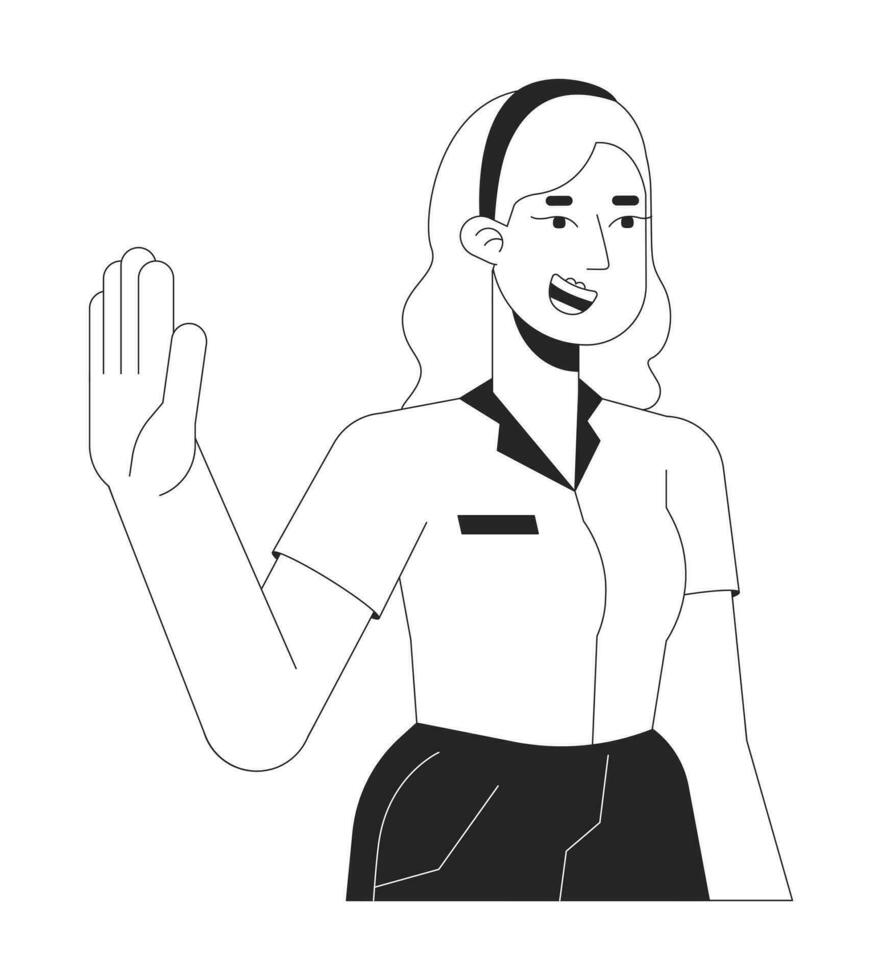 rubia caucásico empleado gen z negro y blanco 2d línea dibujos animados personaje. joven adulto mujer adiós ola aislado vector contorno persona. Ropa formal hembra sonriente monocromo plano Mancha ilustración