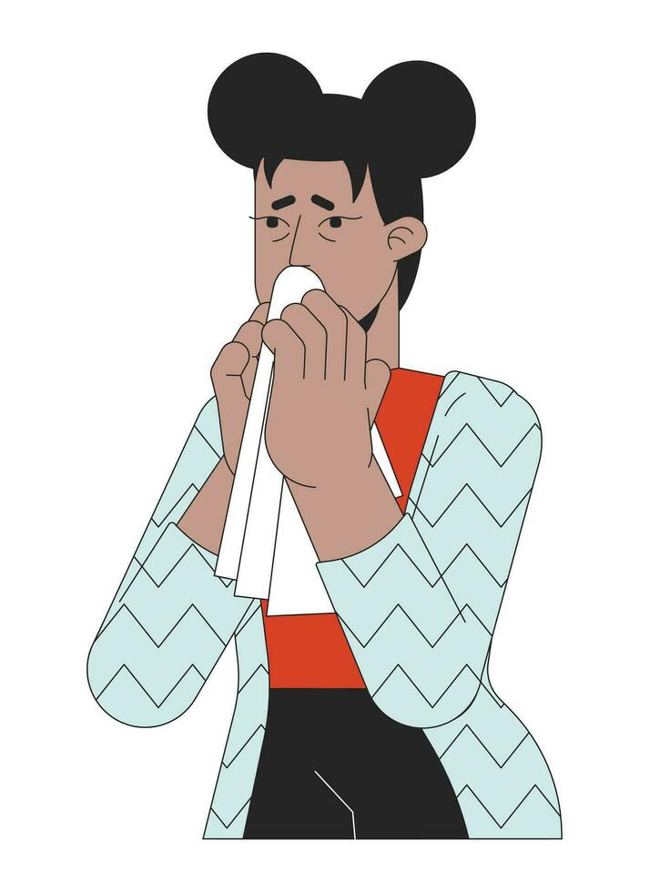 African american girl with allergic rhinitis 2D linear cartoon character. Tissue sneezing black female isolated line vector person white background. Morning sickness color flat spot illustration