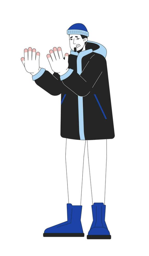 Winter outerwear man frostbite fingers line cartoon flat illustration. Caucasian guy suffering from frostnip 2D lineart character isolated on white background. Injury cold scene vector color image