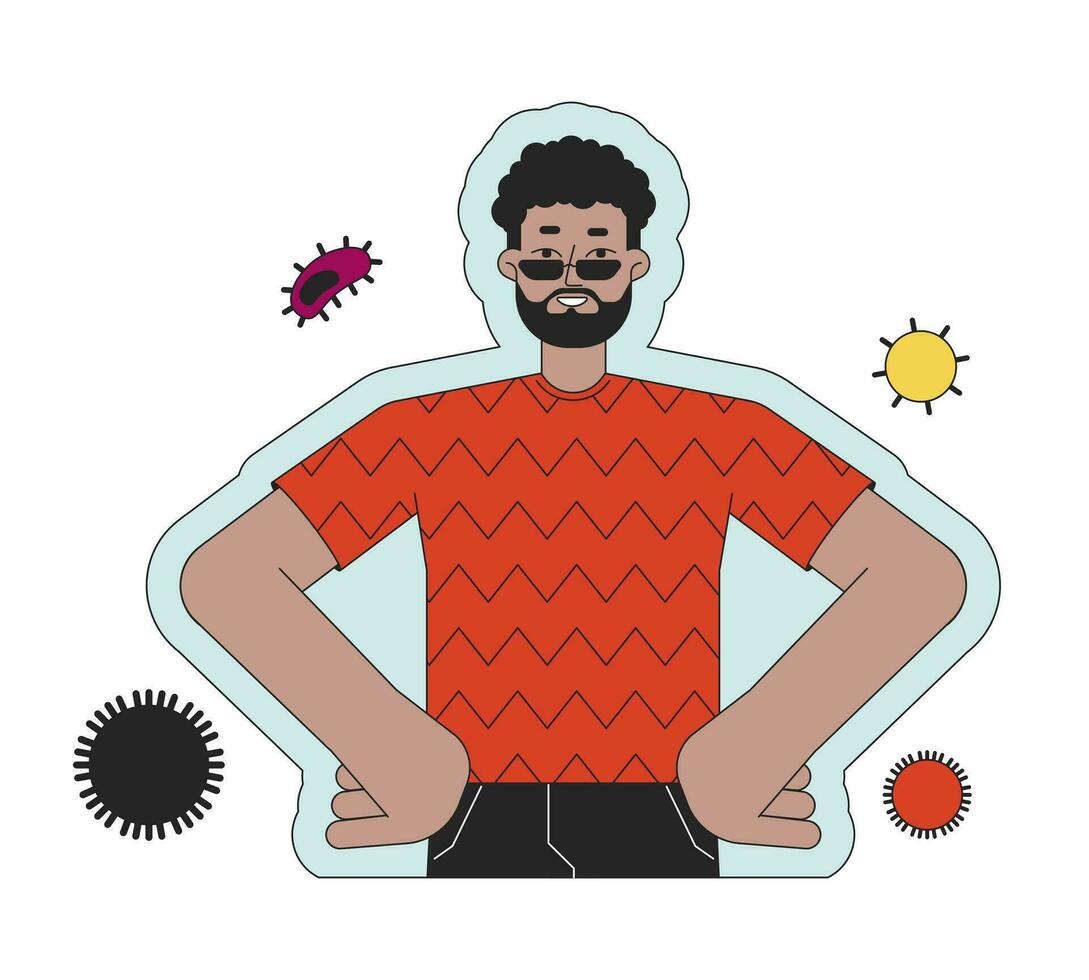 Black bearded man protected from infectious diseases 2D linear cartoon character. African-american happy isolated line vector person white background. Immunity bacterias color flat spot illustration