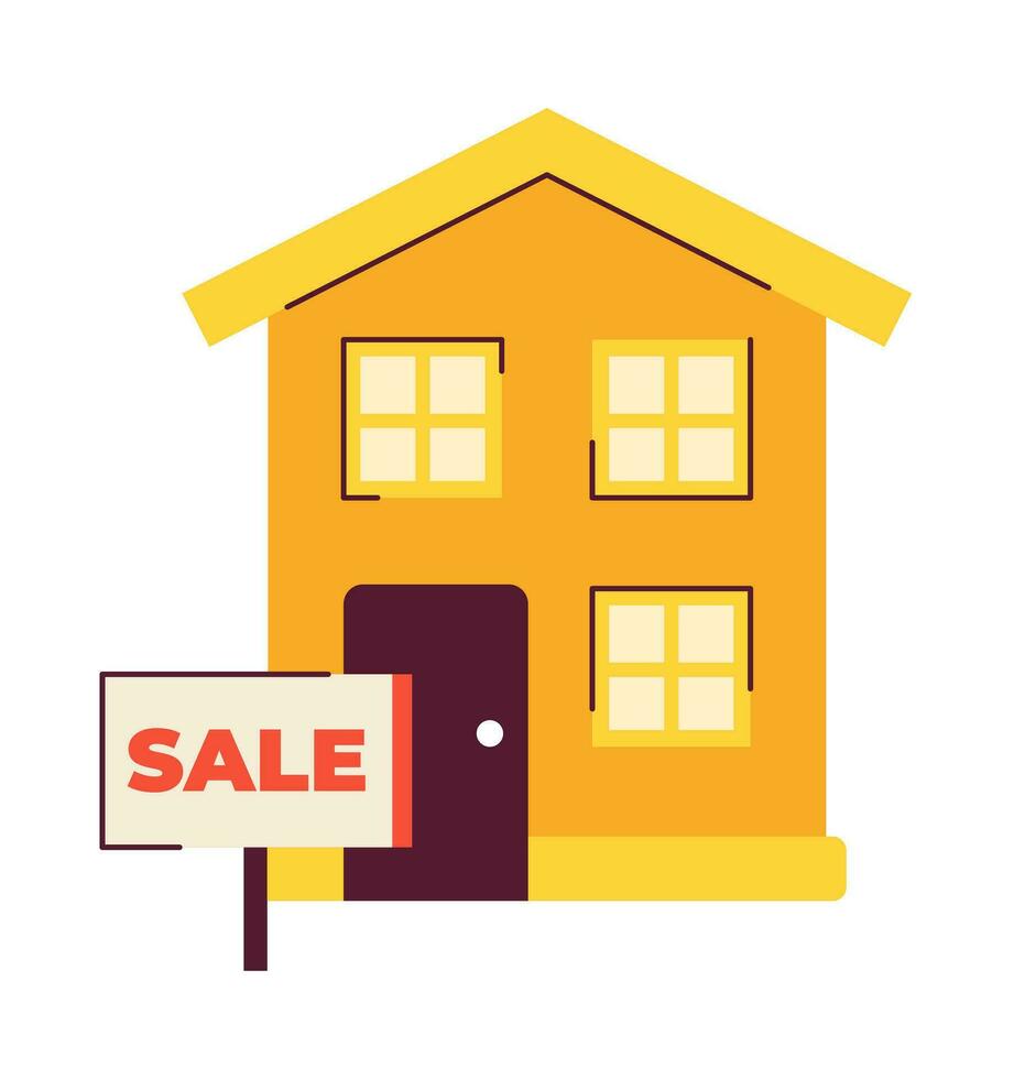 For sale sign house 2D illustration concept. Selling home. Property for sale isolated cartoon object, white background. Apartment real-estate agency sign metaphor abstract flat vector graphic