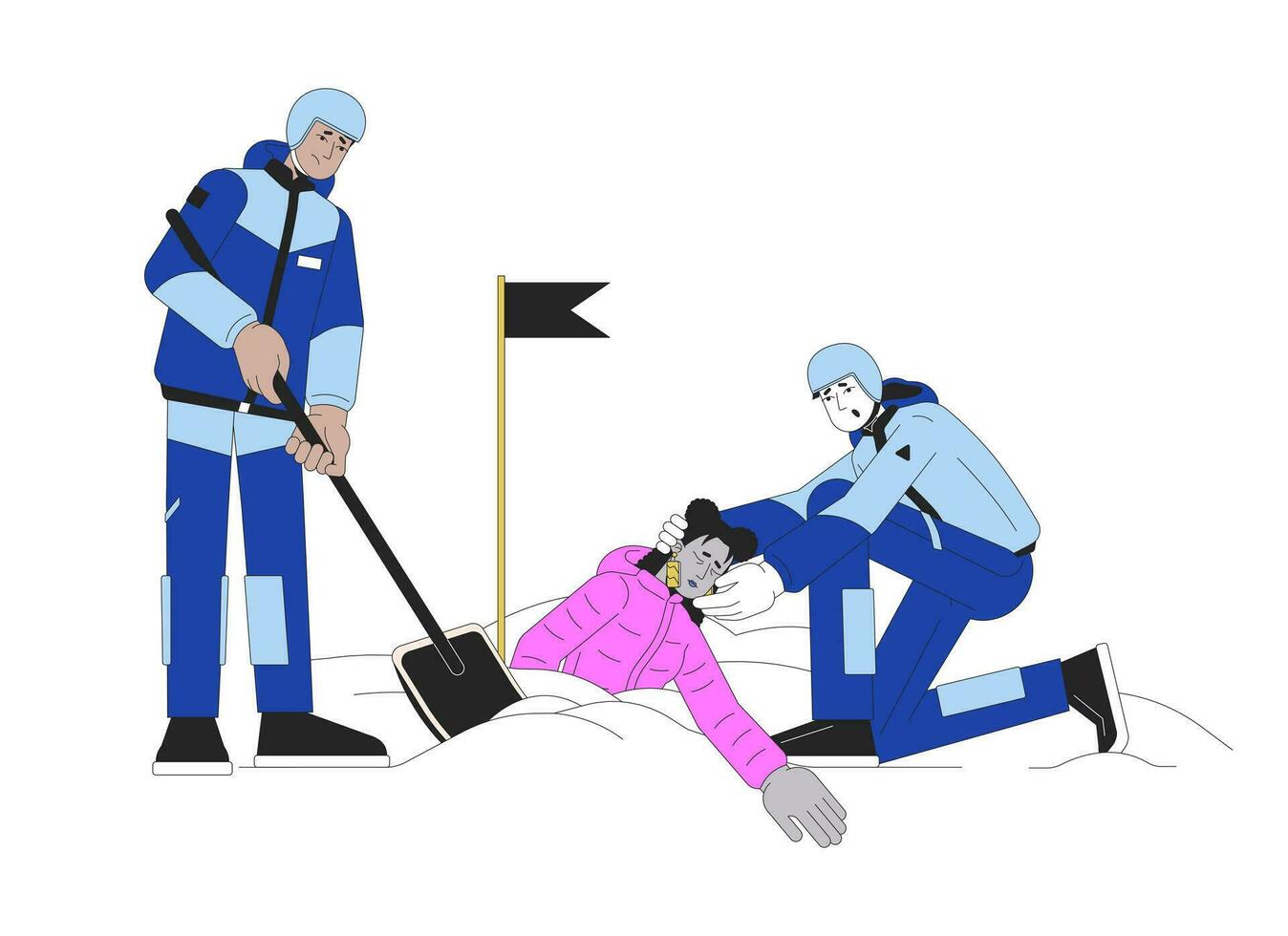 Avalanche rescue line cartoon flat illustration. Rescuers snow shoveling out victim buried in snow 2D lineart characters isolated on white background. Winter natural disaster scene vector color image