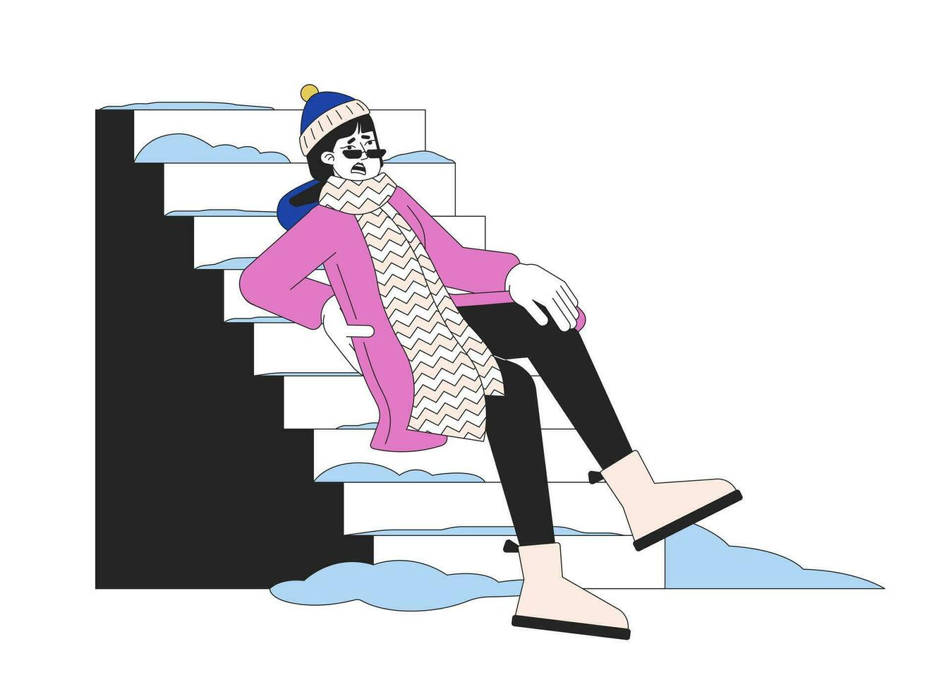 Winter fall hazard on stairs line cartoon flat illustration. Injured back girl slips on outdoor steps icy 2D lineart character isolated on white background. Stairway with snow scene vector color image