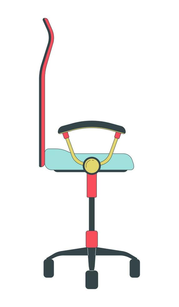 Comfortable office chair adjustable 2D linear cartoon object. Desk chair wheels isolated line vector element white background. Corporate furniture. Ergonomic seating color flat spot illustration