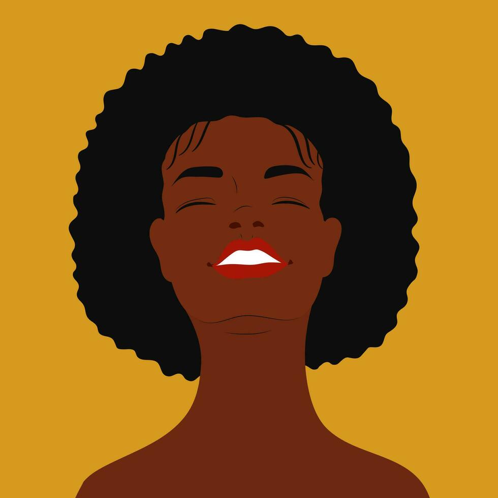 Beautiful smiling African American woman raised her head to the sun. Afro hair style. Fashion portrait of happy female face. Minimalist vector illustration. Girl with her head up