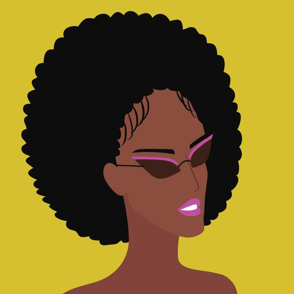 Beautiful African American stylish woman in retro style sunglasses. Afro hair style. Portrait of fashionable female face. Minimalist vector illustration