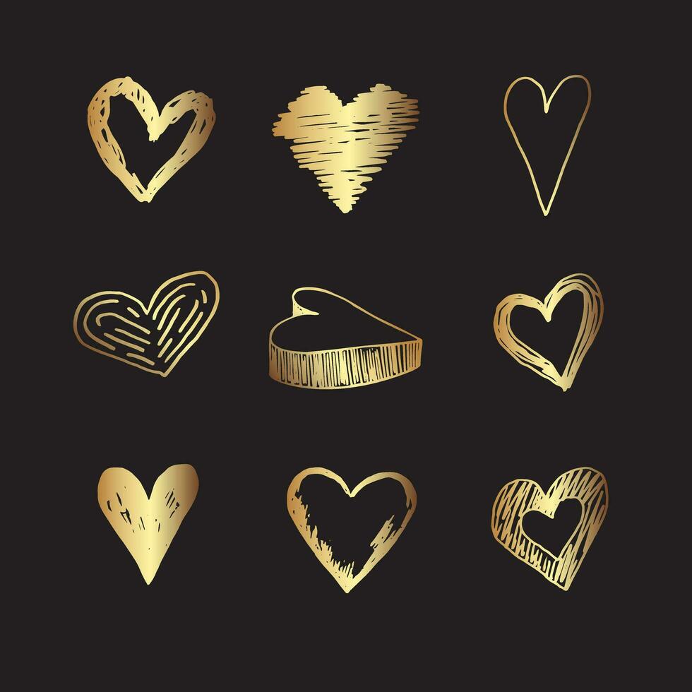 dorado mano dibujado corazones. grunge Escribiendo corazones para san valentin día. minimalista línea Arte con corazón garabatos en negro antecedentes vector