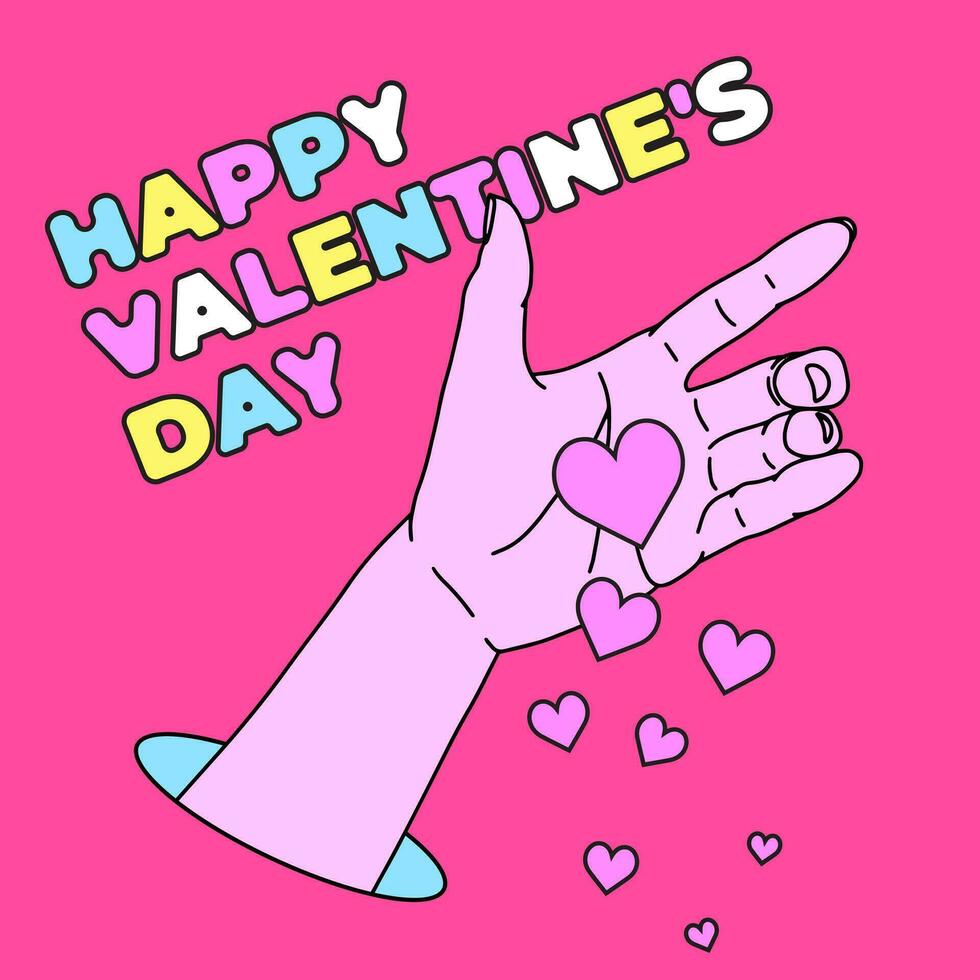 90s style Happy Valentine's Day card. Banner for social media with hands scattering hearts. Hand that sows hearts with black outline on pink background vector