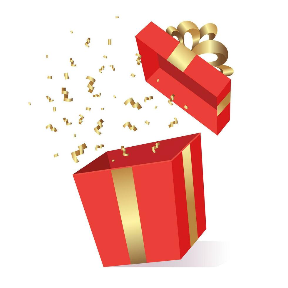 Opened red gift box with golden bow. Confetti fly out of the box. Flat vector illustration of big present box