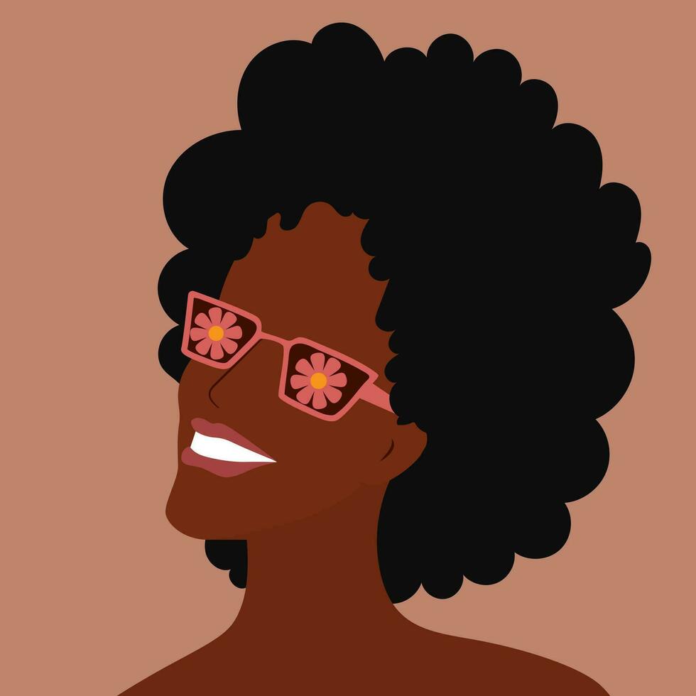 Beautiful smiling African American woman in pink sunglasses. Afro hair style. Fashion portrait illustration. Groovy 70s style flowers reflected in glasses. Kaleidoscope glasses vector