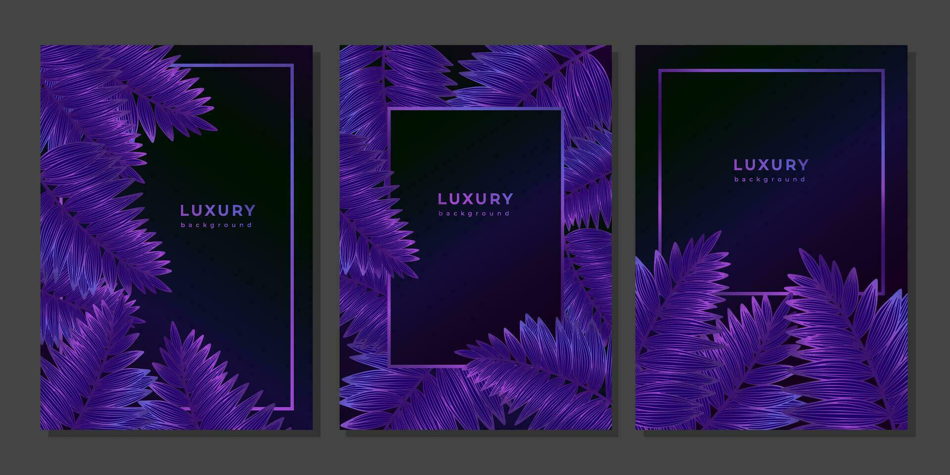 Set of luxury golden purple templates with tropical plants. Linear fern branches, palm leaves. Poster with leaf with veins on black background. Magical glittering plants. Wedding invitation vector