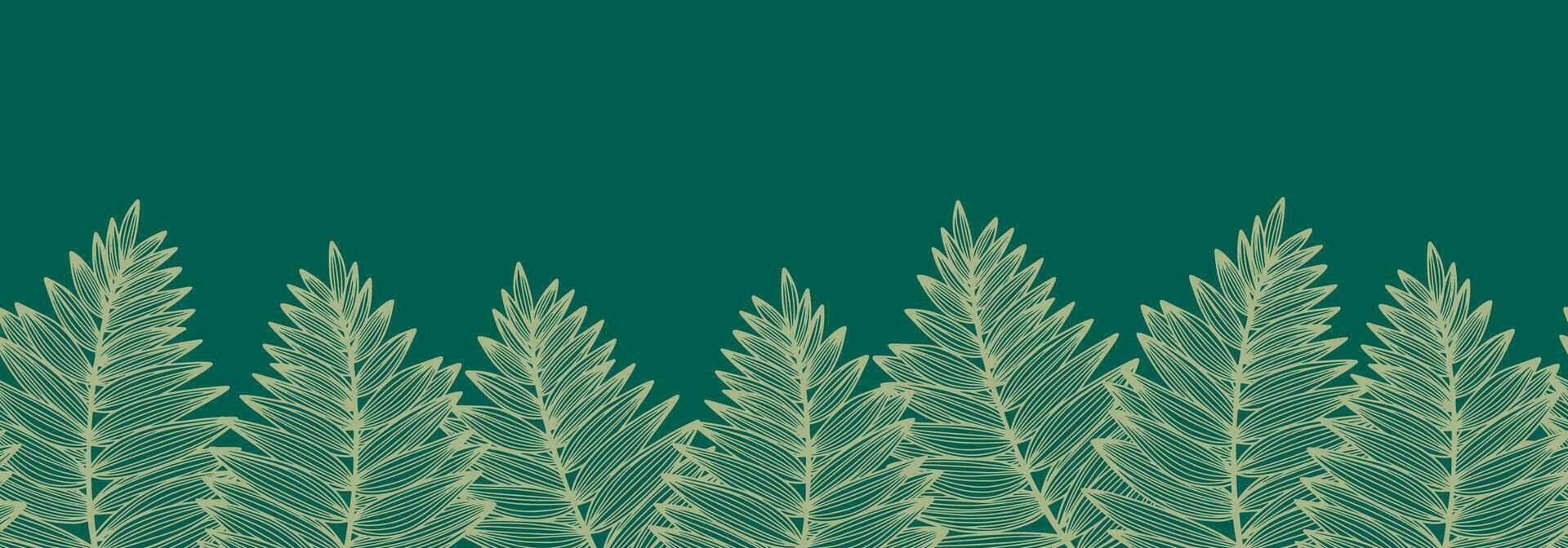 sin costura tropical frontera con helecho hojas. bosque con Navidad arboles lineal plantas en verde antecedentes. línea Arte modelo. vector ilustración