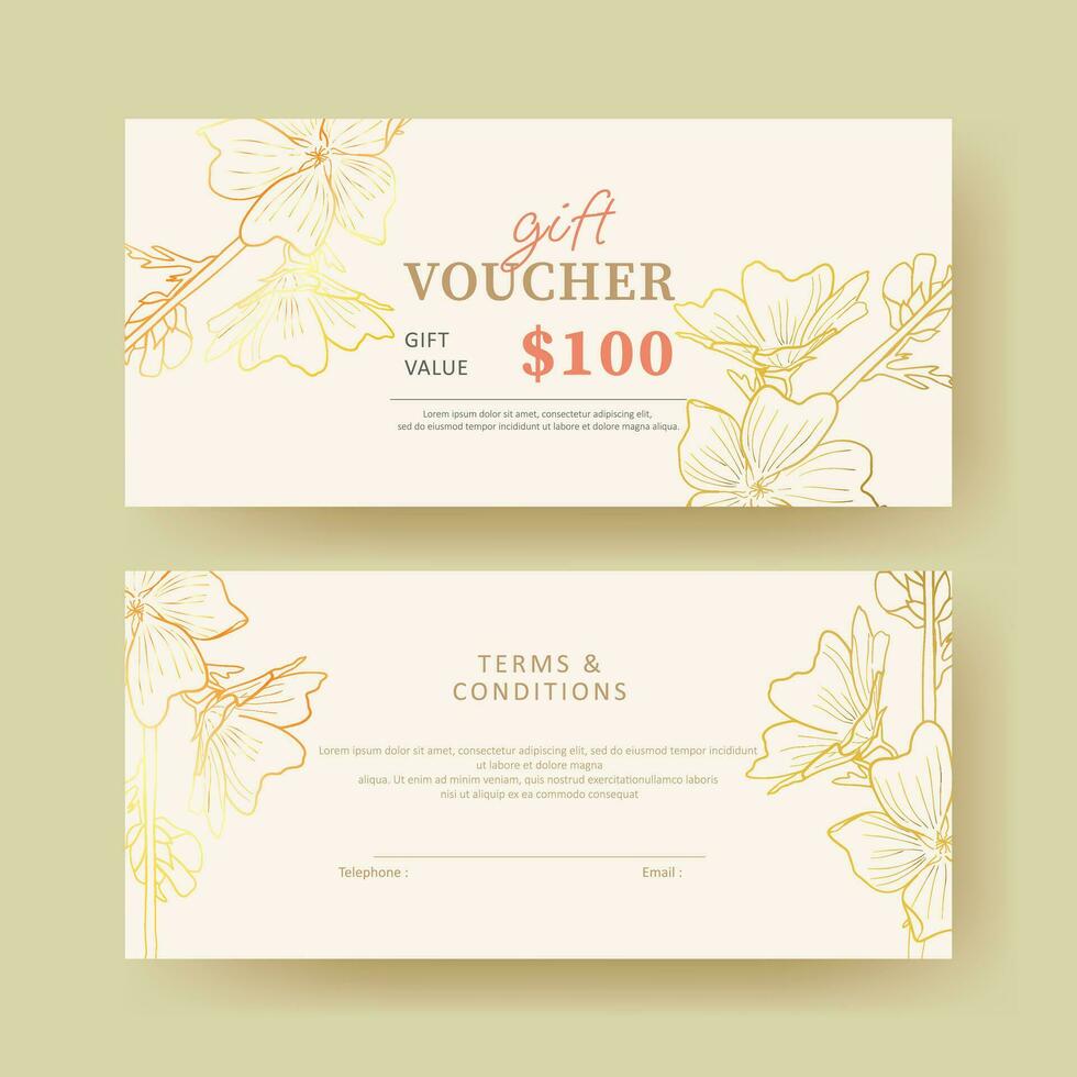 Gift voucher. Coupon template with golden flower line art decoration. elegant luxury design vector