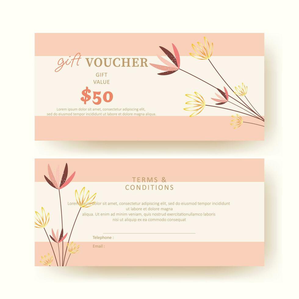 regalo vale. cupón modelo con floral decoración. elegante estético diseño. bueno para boutique, joyas, floral comercio, belleza salón, spa, moda, volantes, bandera diseño. vector