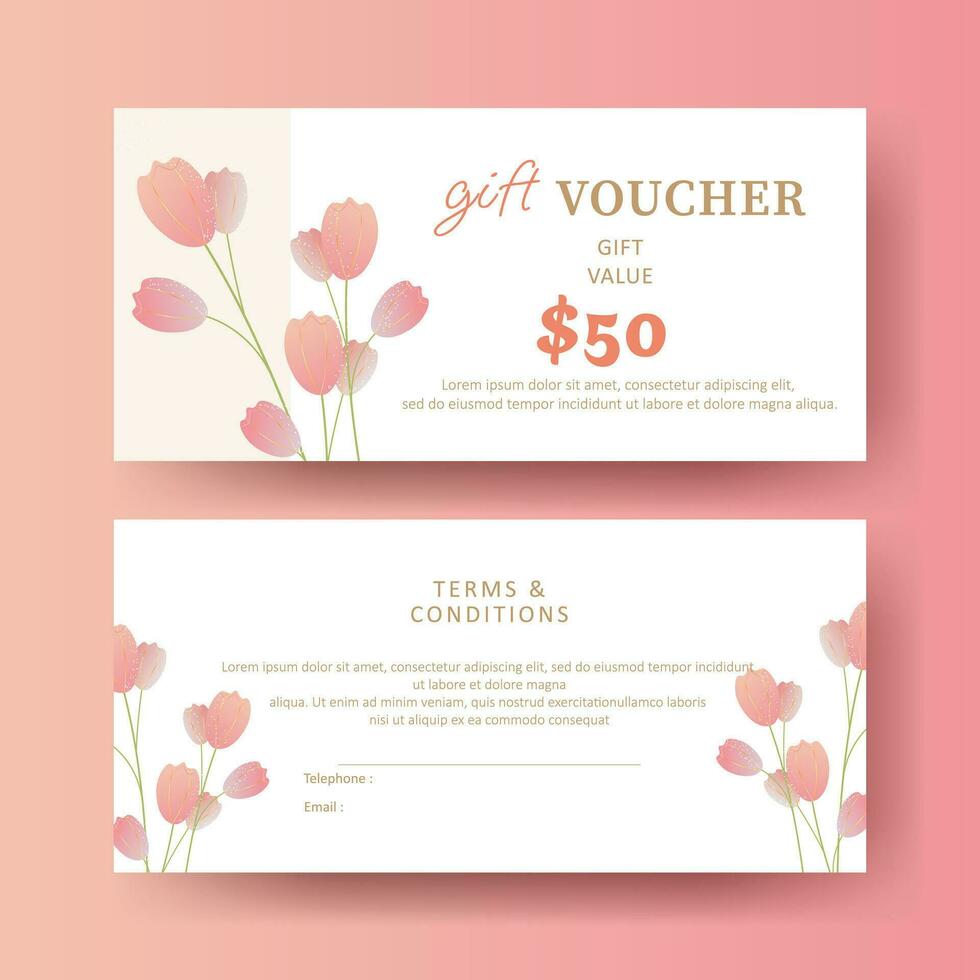 Gift voucher. Coupon template with tulip flower decoration. elegant aesthetic design. good for boutique, jewelry, floral shop, beauty salon, spa, fashion, flyer, banner design. vector