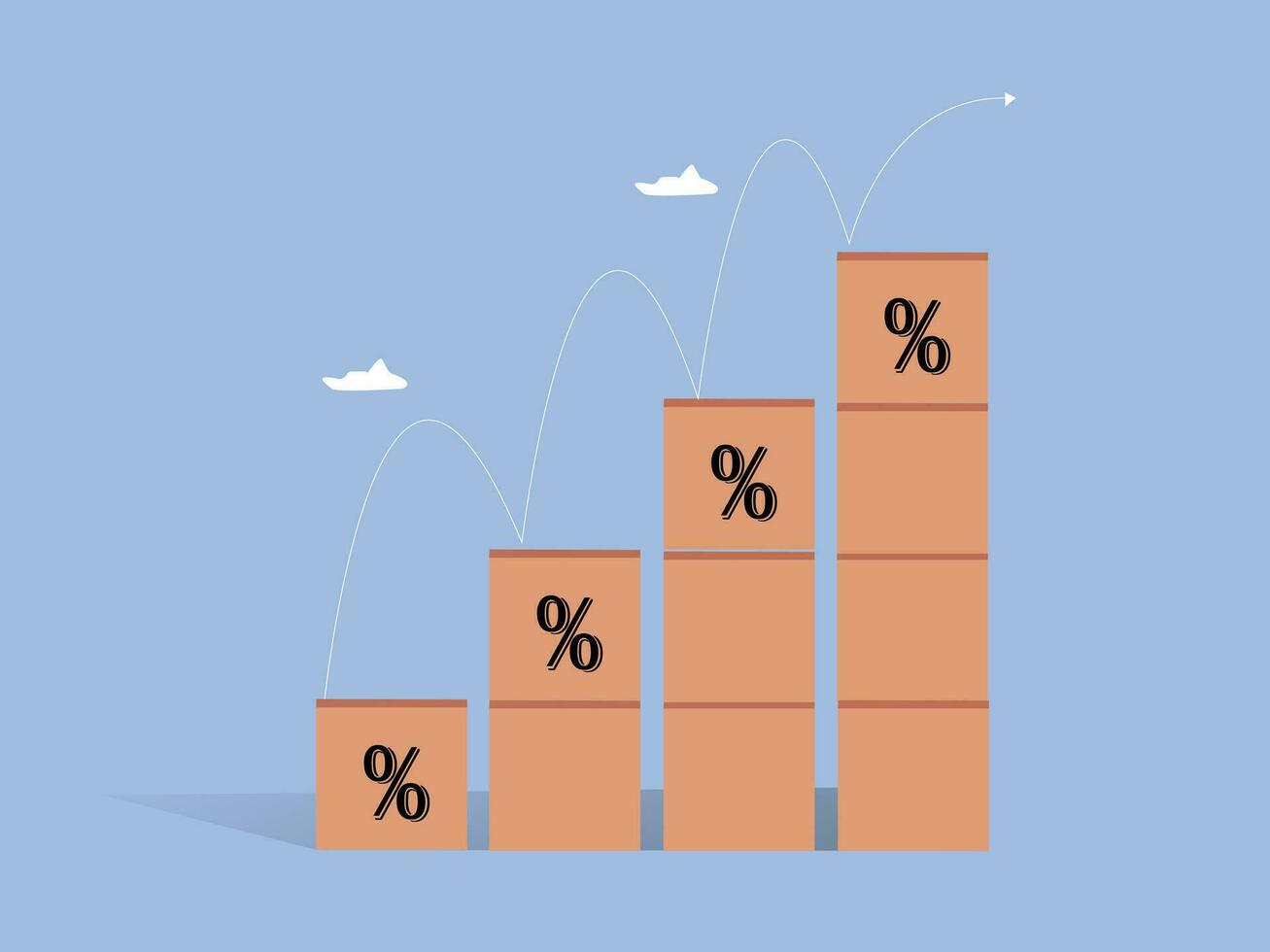 Percentage growth. Increase in financial interest rate, sales increase, mortgage or taxes. percent growth. Wooden stairs with increasing percentage icons. vector illustration