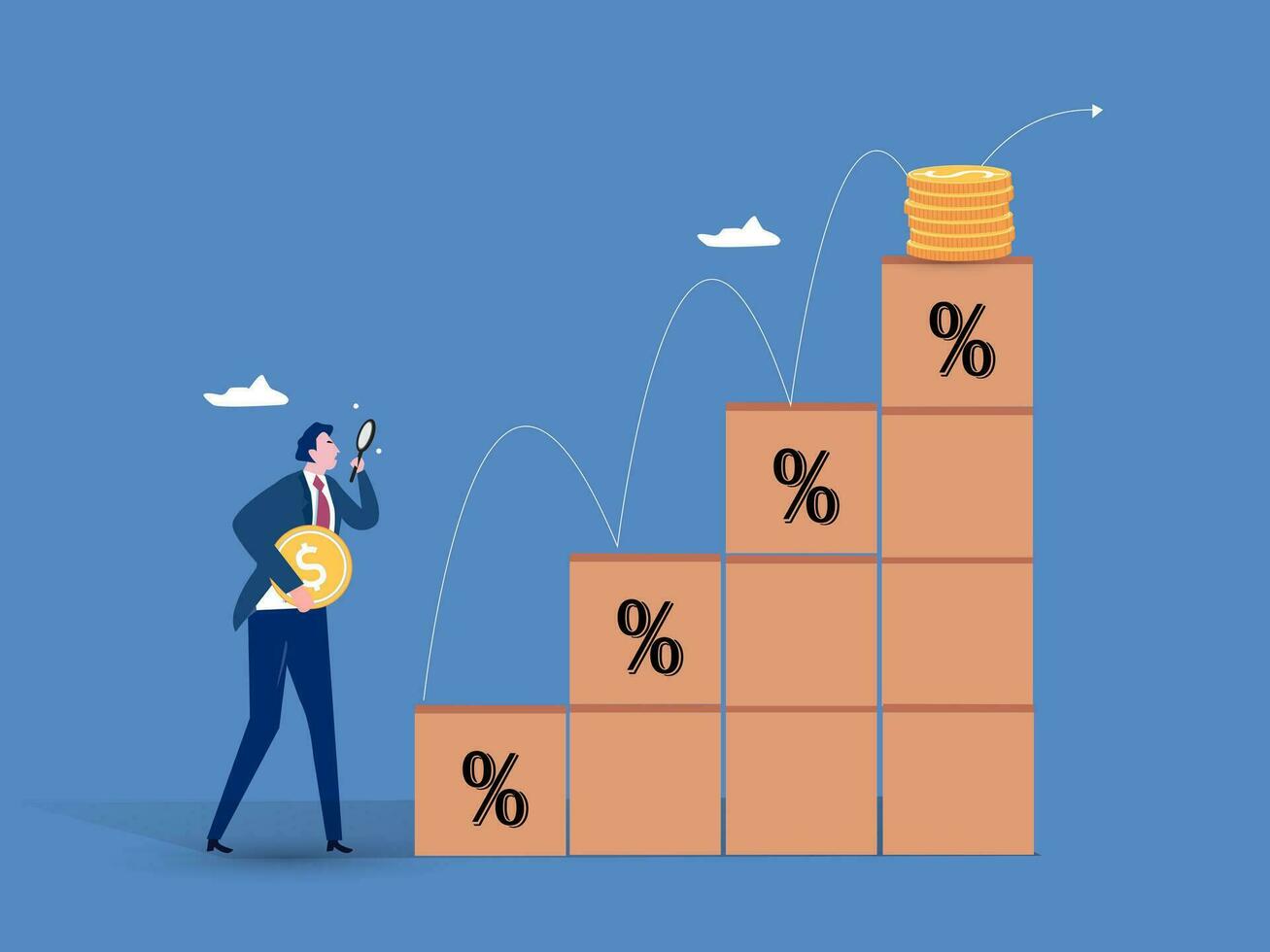 Investment and financial growth, interest growth on deposits and profit, economic improvement and GDP growth, wage growth and unemployment reduction, a man stands near a growing graph with a coin. vector
