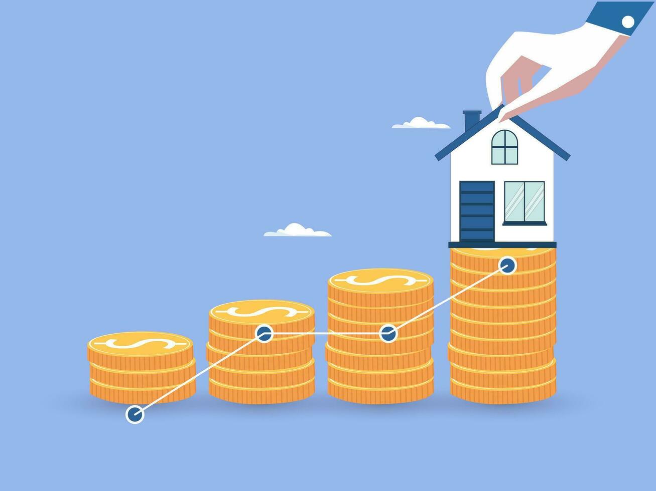 Investment for real estate concept, Businessman's hand putting house icon on top of coins stack and progressing graph, Savings money for buy house, budgeting, investment for the future. vector