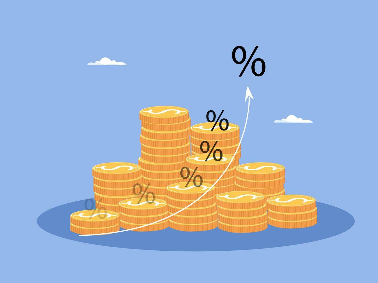 Coins money stacking with up arrow and percentage symbol for financial banking increase interest rate or mortgage investment dividend from business growth concept. vector