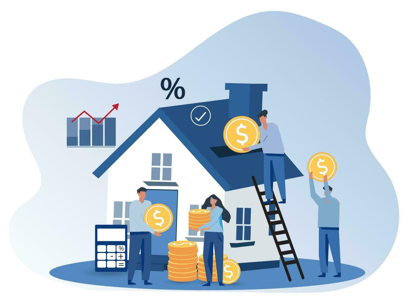 people buying home with mortgage and paying credit to bank. People invest money in real estate property. House loan, rent and mortgage Concept. vector illustration.