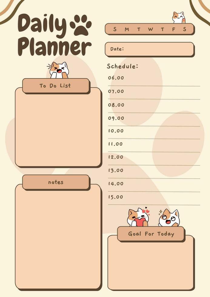 Cute Cat Theme Daily Planner. Daily Planner Vector Template. Daily Planner Printable Template Vector. Vector illustration design. Minimalistic planners. Notebook pages, daily and weekly planner.