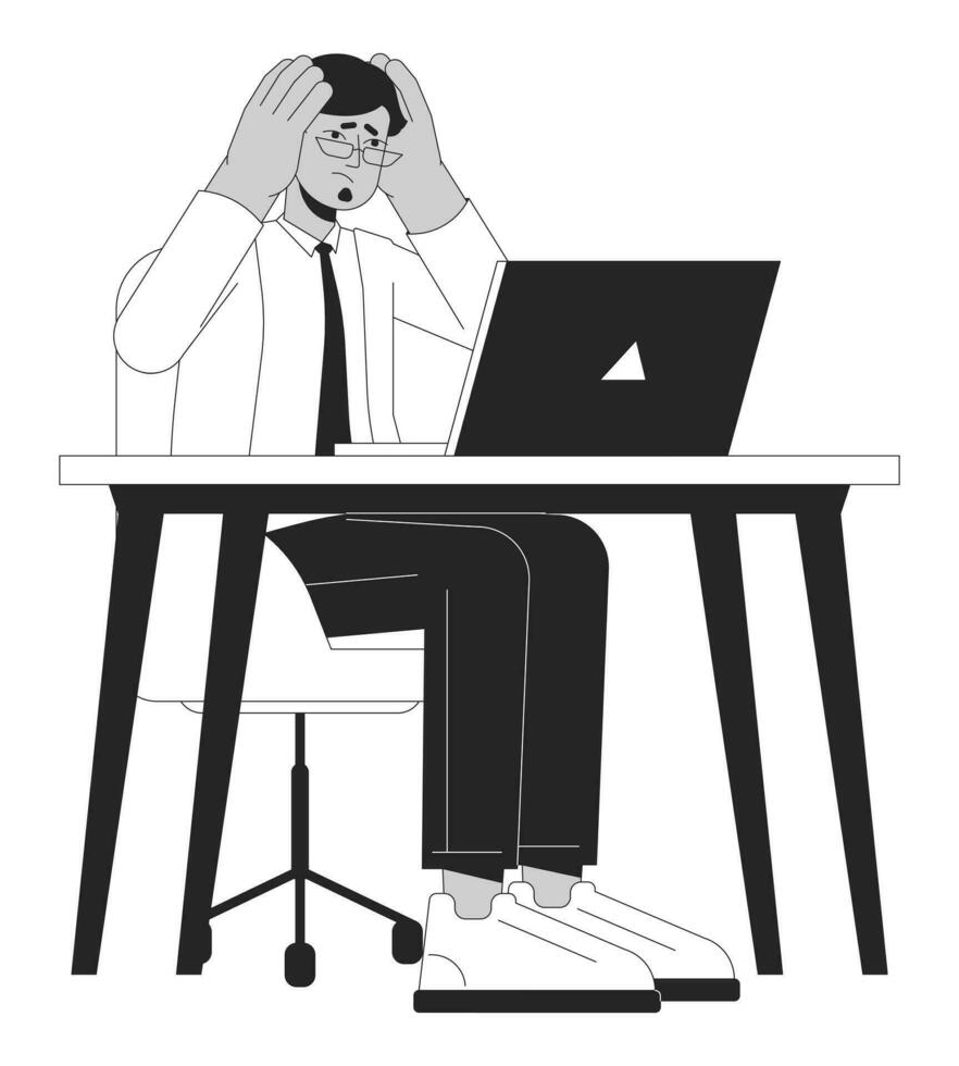Stressed out indian man at workplace black and white 2D line cartoon character. Adult south asian male office worker isolated vector outline person. Overload monochromatic flat spot illustration
