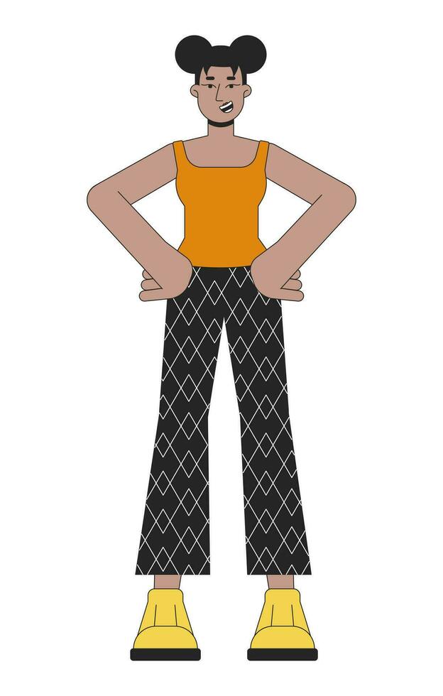 Two space buns woman african american power posing 2D linear cartoon character. Black young adult female isolated line vector person white background. Confident standing color flat spot illustration