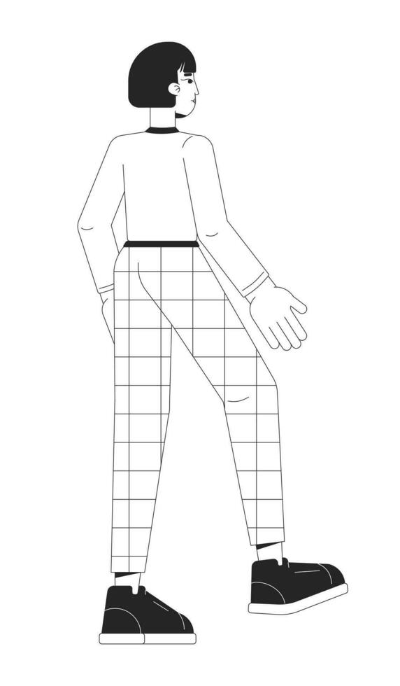 Young korean woman stepping forward black and white 2D line cartoon character. Back view female office worker in checkered pants isolated vector outline person. Monochromatic flat spot illustration