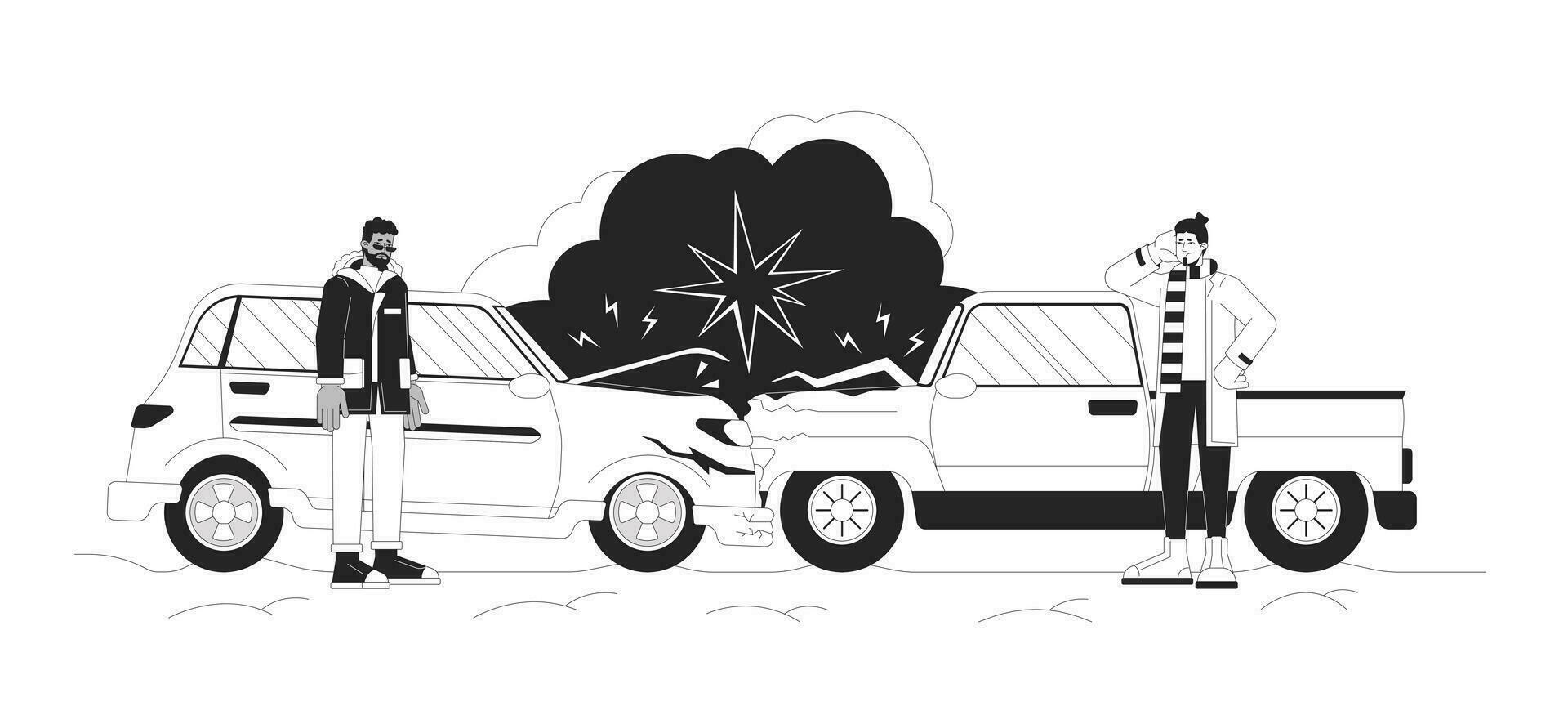 Multi-vehicle accident during winter storm black and white cartoon flat illustration. Blizzard car crashing drivers 2D lineart characters isolated. Traffic collision monochrome vector outline image