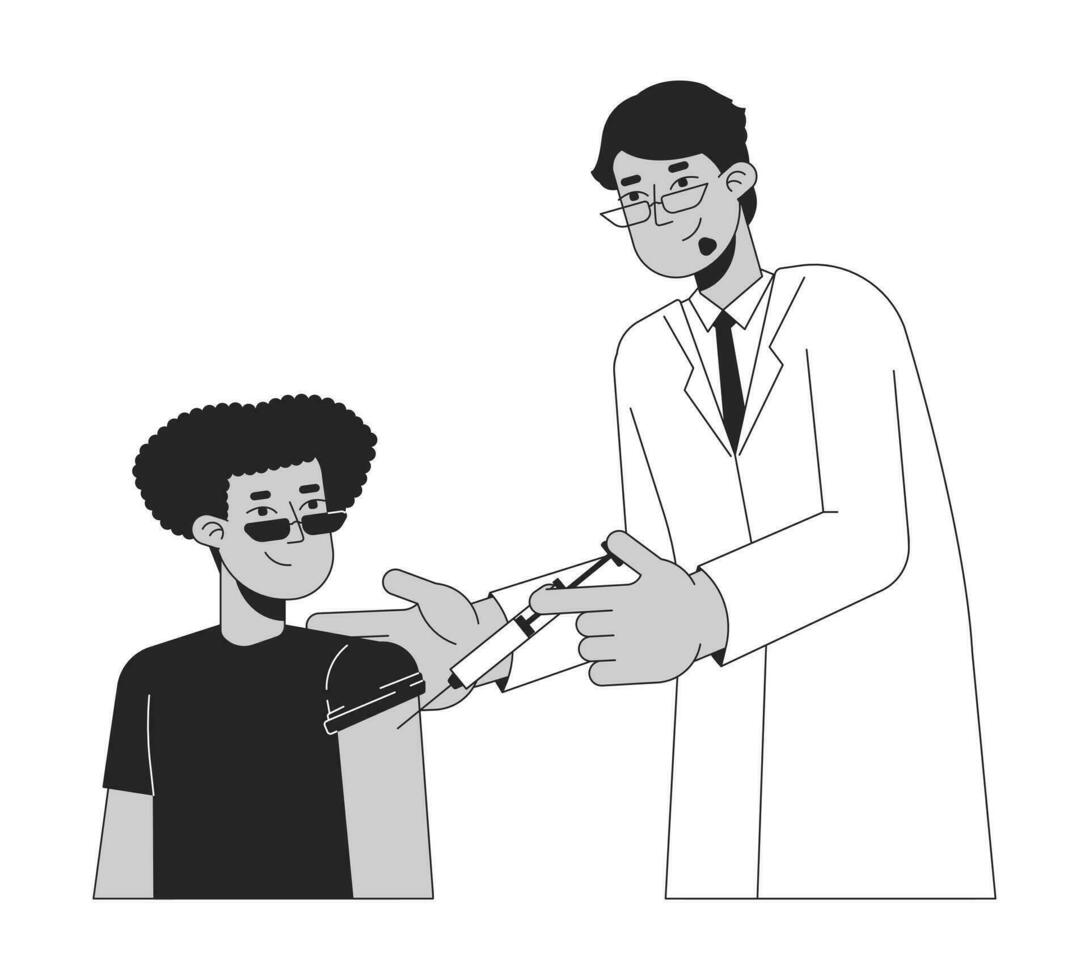 latino estudiante inmunización masculino médico negro y blanco 2d línea dibujos animados caracteres. Hispano chico consiguiendo gripe Disparo aislado vector contorno gente. inoculación monocromo plano Mancha ilustración