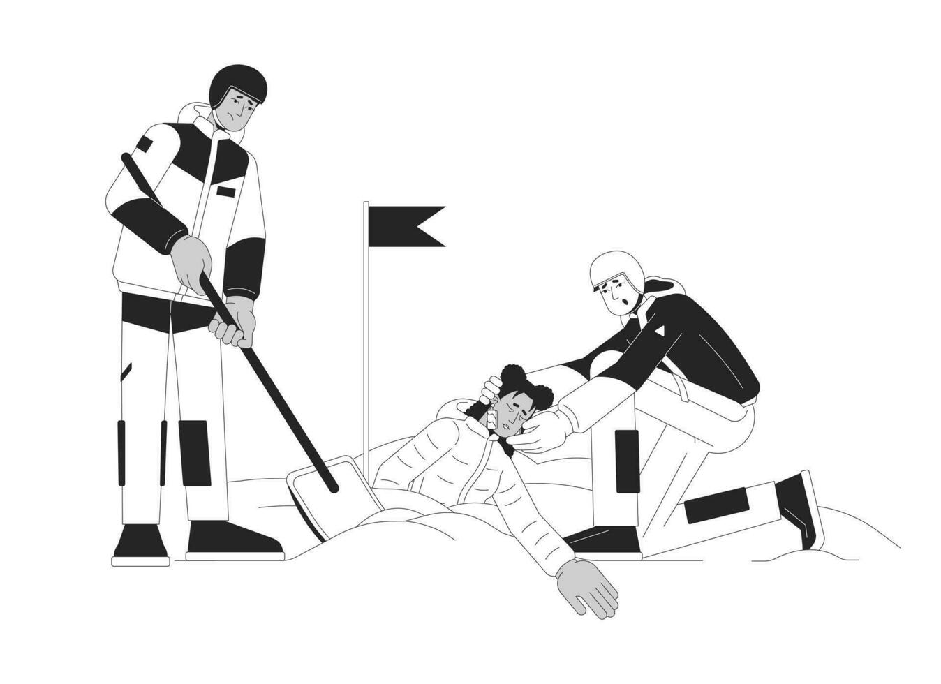 Avalanche rescue black and white cartoon flat illustration. Rescuers snow shoveling out victim buried in snow 2D lineart characters isolated. Winter natural disaster monochrome vector outline image