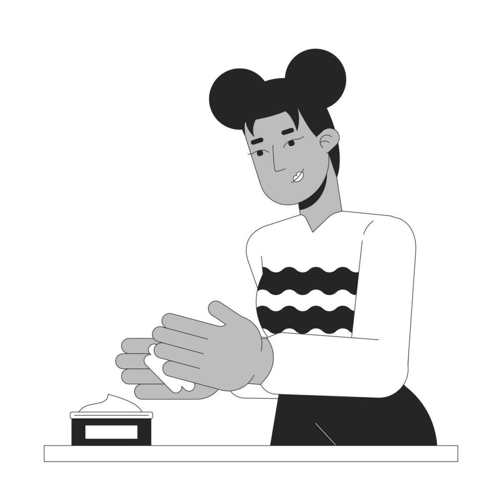 protección de la piel invierno negro y blanco dibujos animados plano ilustración. africano americano joven mujer aplicando mano crema 2d arte lineal personaje aislado. hidratante agrietado manos monocromo vector contorno imagen