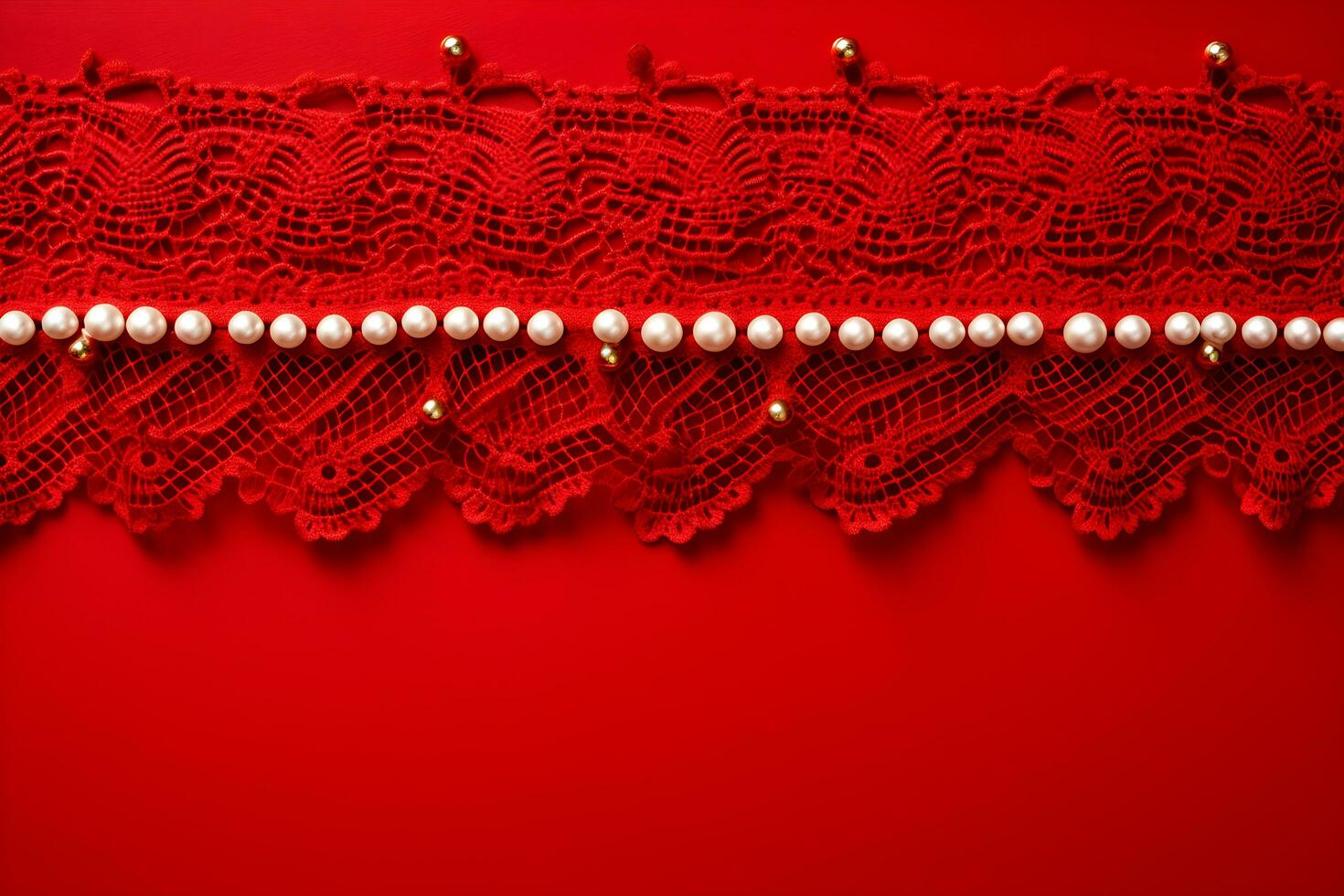 AI generated Christmas decoration on red background with space for text. Top view. photo