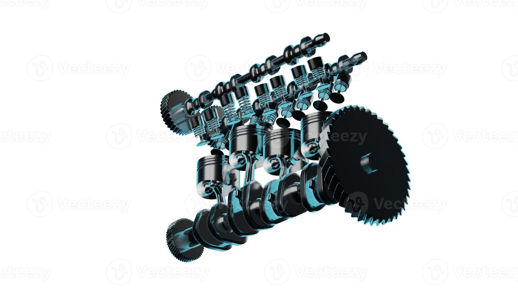 Close up detailed fully textured 3D render over white background of automotive motor with pistons, camshaft, valves and other mechanical components offering high performance photo