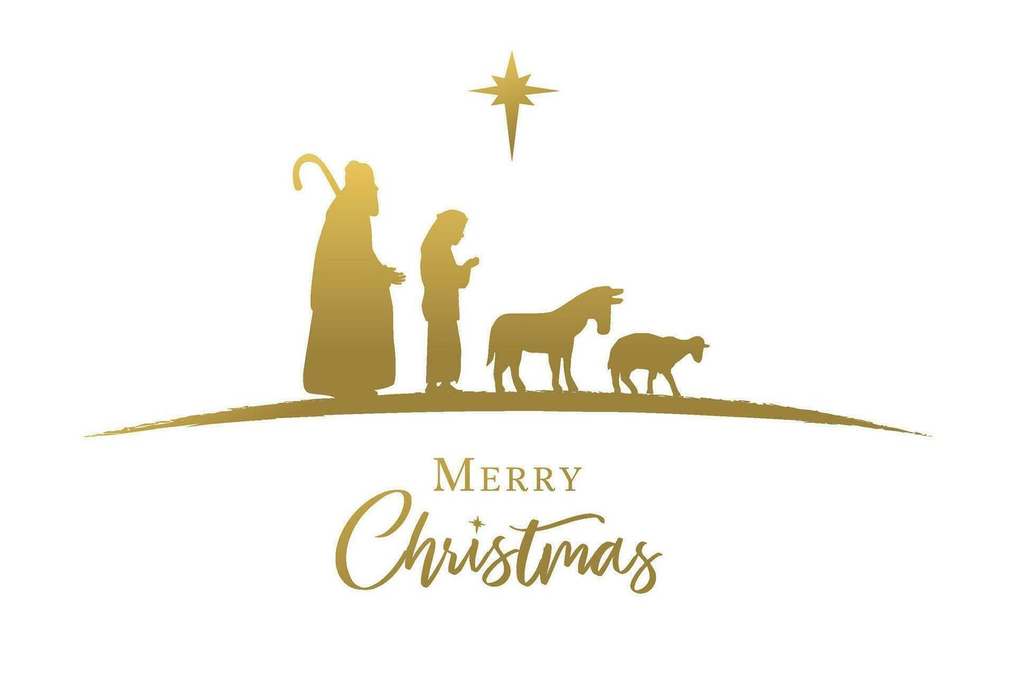 Shepherds, donkey and sheep golden silhouette, nativity scene. Church invitation design vector