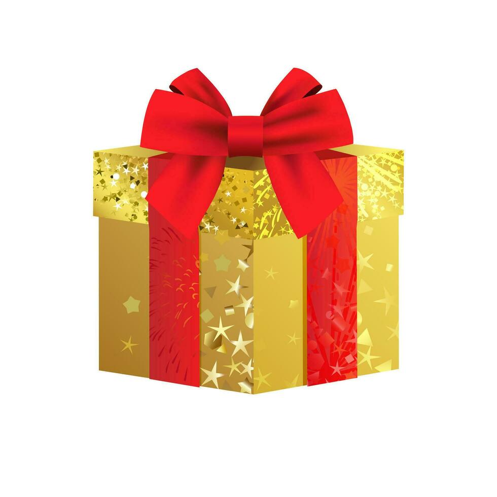 Creative shiny gift box with red bow. 3D design. Holiday decoration. Greeting card concept. Shopping coupon template. Isolated golden graphic. Glittering gold background. Multi-loop bow-knot. vector