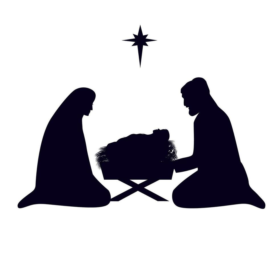 Christmas story of Mother Mary, Joseph and baby Jesus. Nativity scene silhouette. Vector illustration.