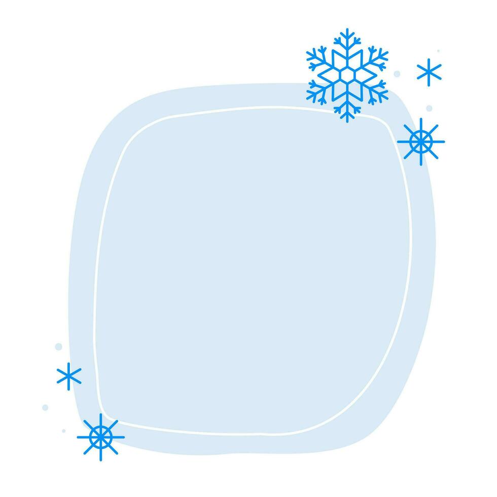 Christmas winter hand drawn pastel blue square frame with snowflakes. Modern minimalist aesthetic holiday element. Vector sparkle for social media or poster design, simple decorative boho style border