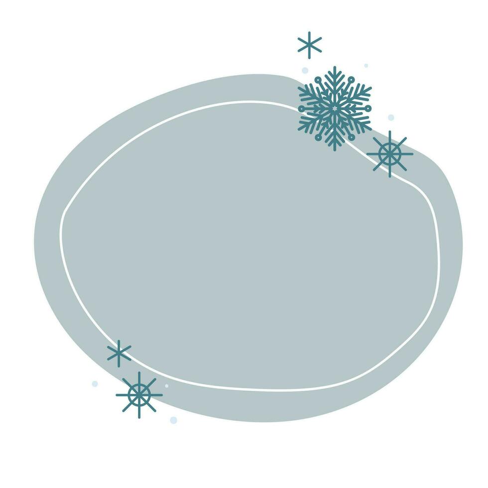 Christmas winter hand drawn blue circle frame with snowflakes. Modern minimalist aesthetic holiday element. Vector sparkle for social media or poster design, simple decorative boho style border