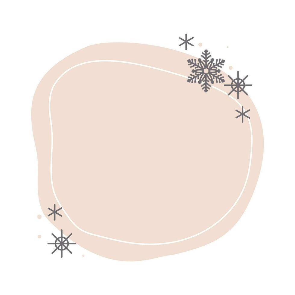 Christmas winter hand drawn beige pastel circle frame with snowflakes. Modern minimalist aesthetic holiday element. Vector sparkle for social media or poster design