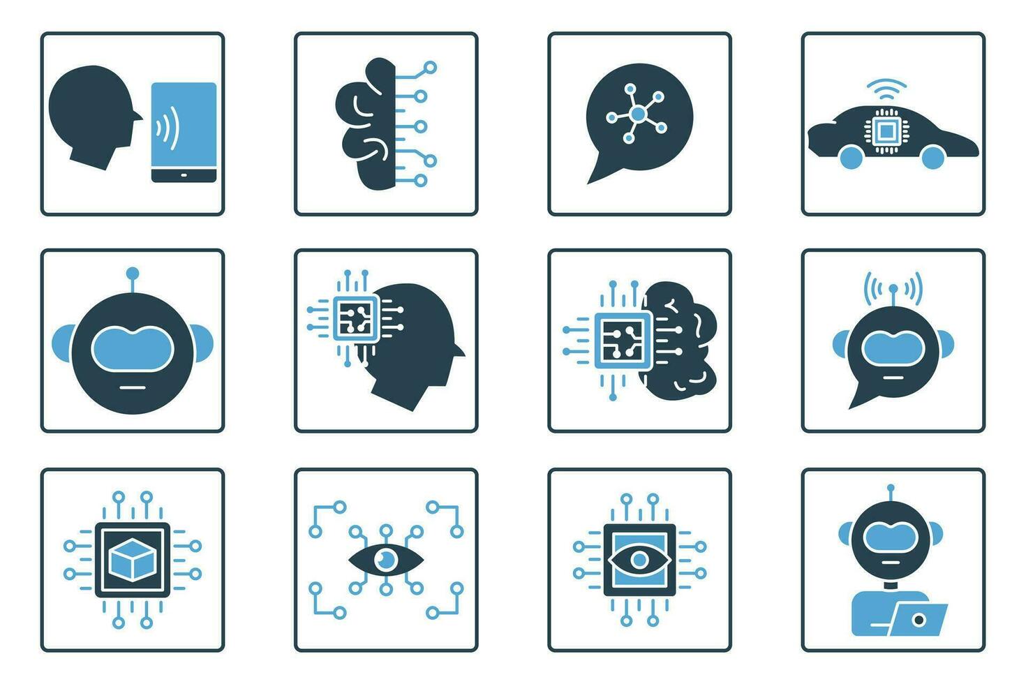 artificial intelligence icon set. robot head, brain ai, robot arm, computer vision, big data, ai assistant, deep learning, etc. solid icon style design. simple vector design editable