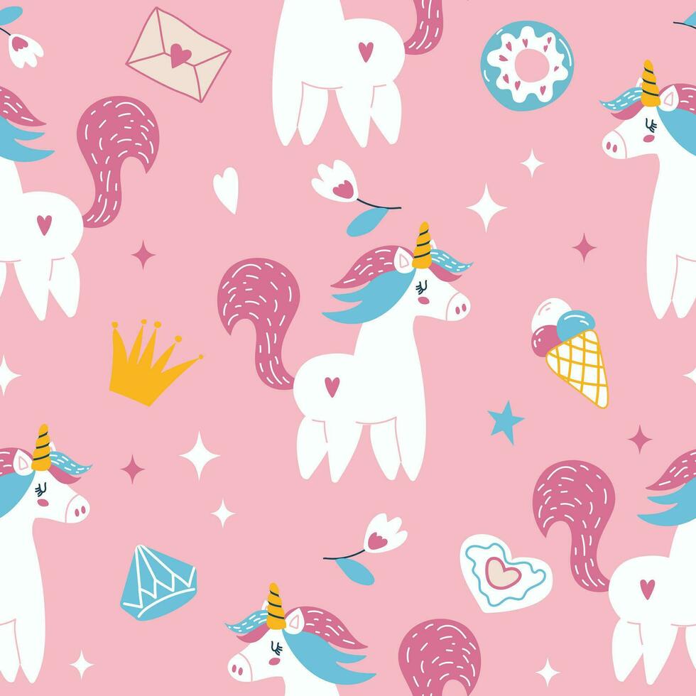 Cute unicorn seamless pattern on pink fantasy background. Childish print for kids fabric and wrapping paper. vector
