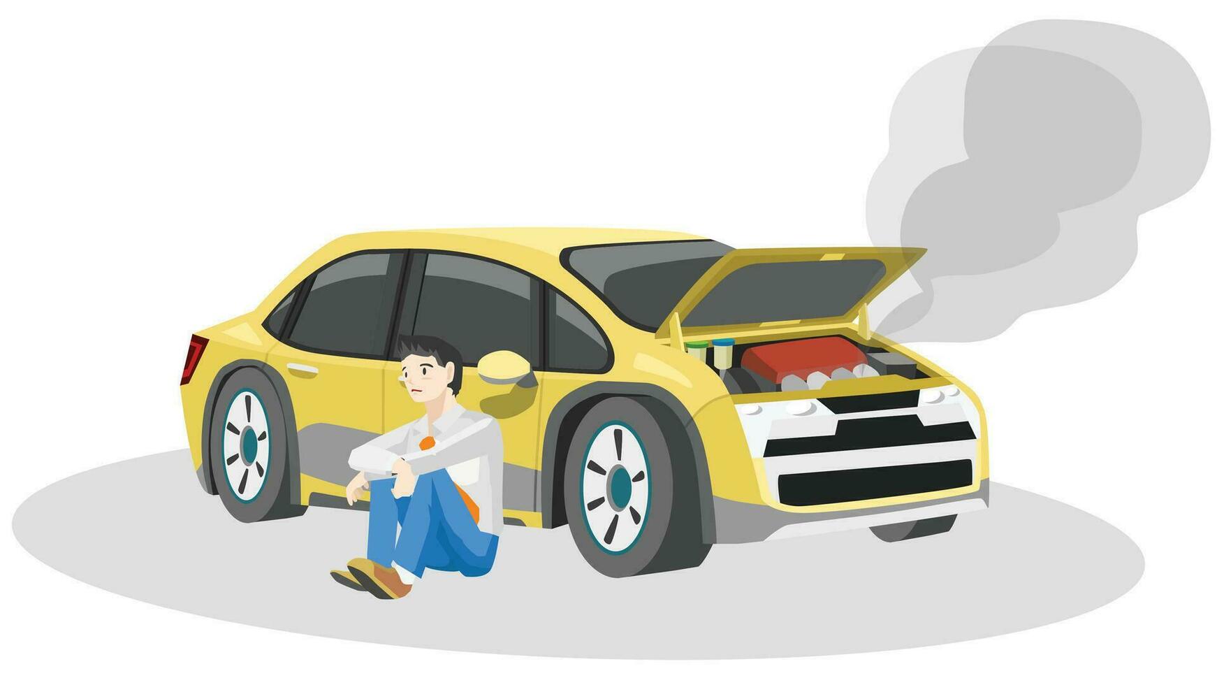 vector o ilustrador de conducción hombre se sienta tristemente y murga para alguna cosa siguiente a el coche. amarillo pasajero coche estaba emitiendo un lote de fumar con el capucha abierto.aislado blanco antecedentes.