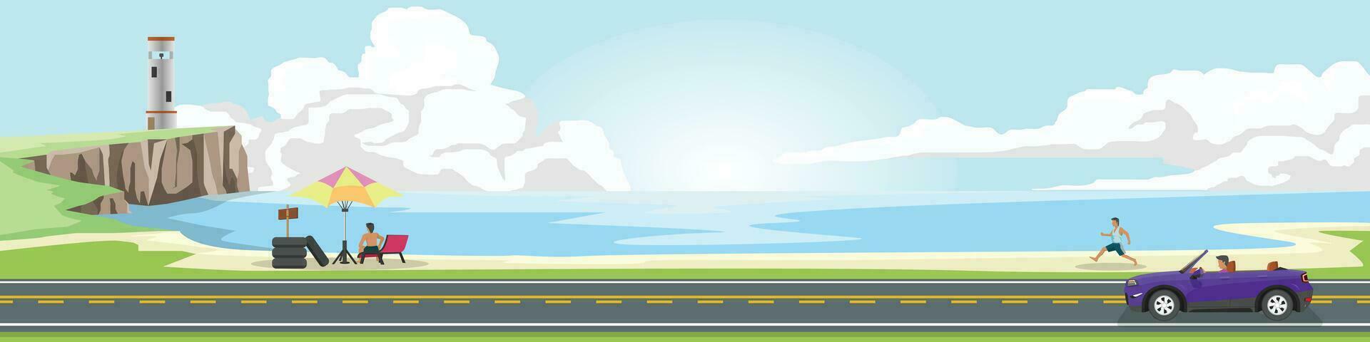 Cartoon transport travel for banner. Sport car with driving for travel. Asphalt road near sea beach. With renting rubber tires with a canopy and people sitting on a raft. with lighthouse on the land. vector