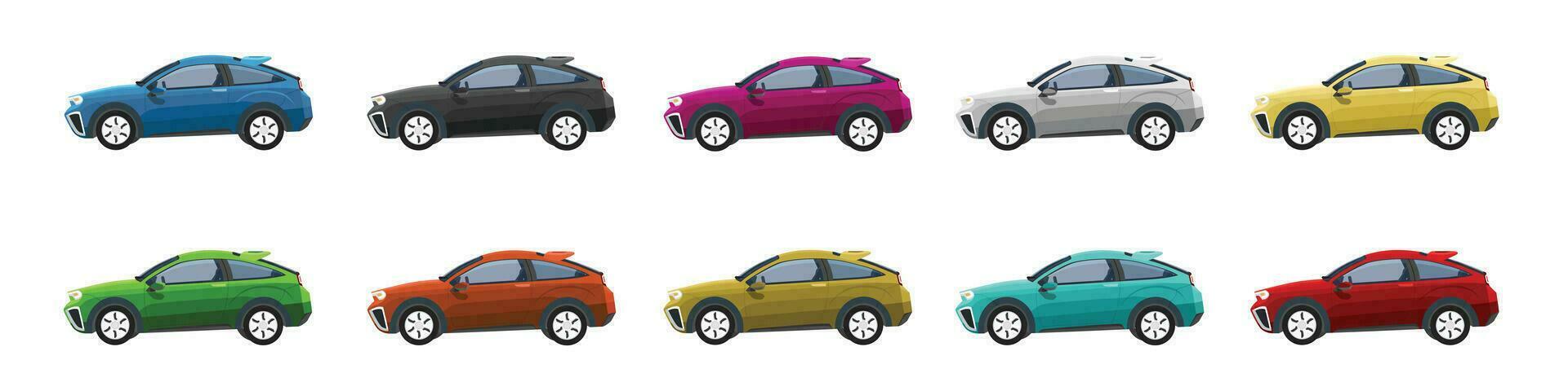 vector o ilustrador de deporte hatchback carros vistoso recopilación. diseño de eléctrico vehículos coche. vistoso carros con separar capas. en aislado blanco antecedentes.