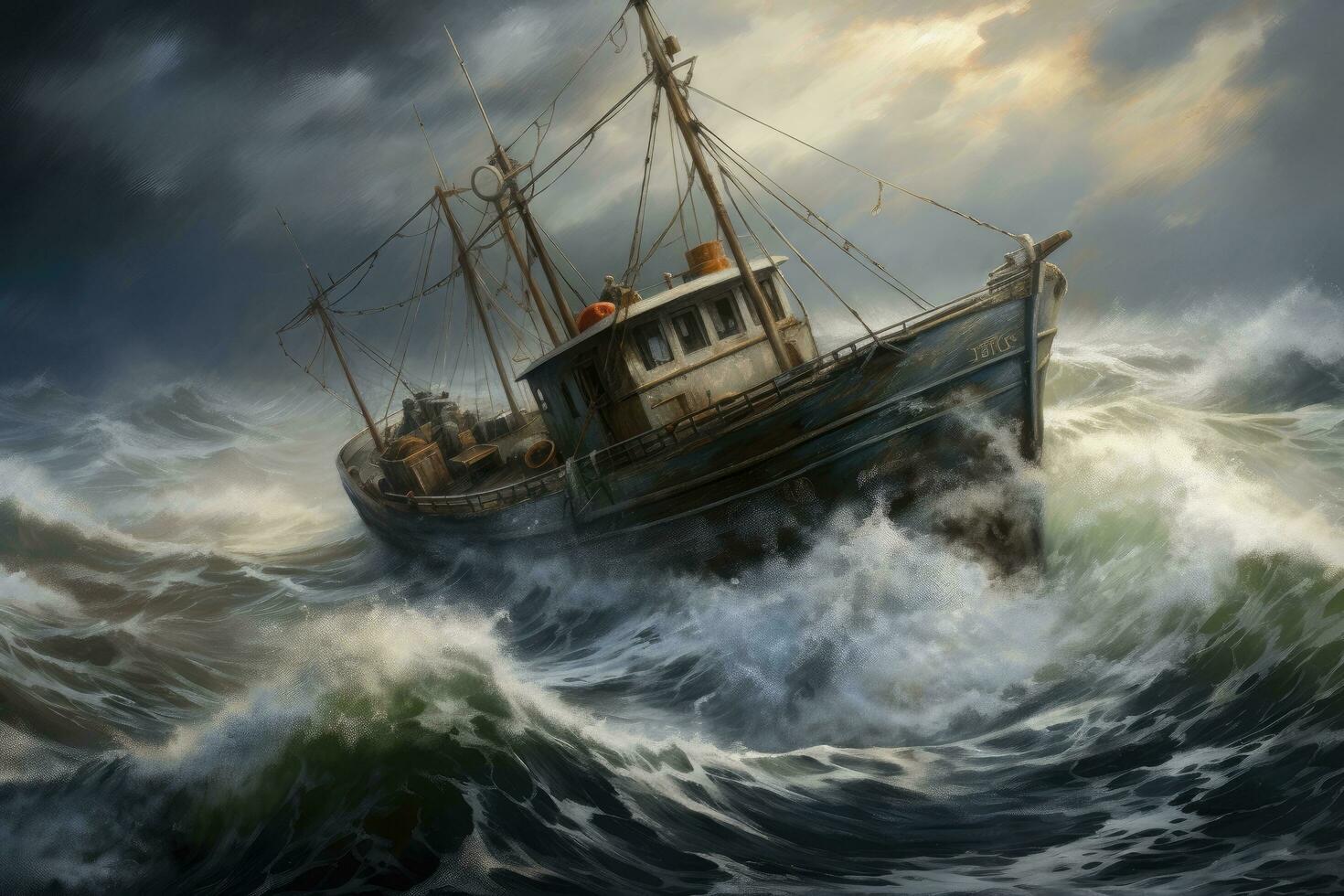 AI generated Fishing boat in stormy sea, 3d rendering. Computer digital drawing, A vintage fishing boat navigating rough seas, AI Generated photo