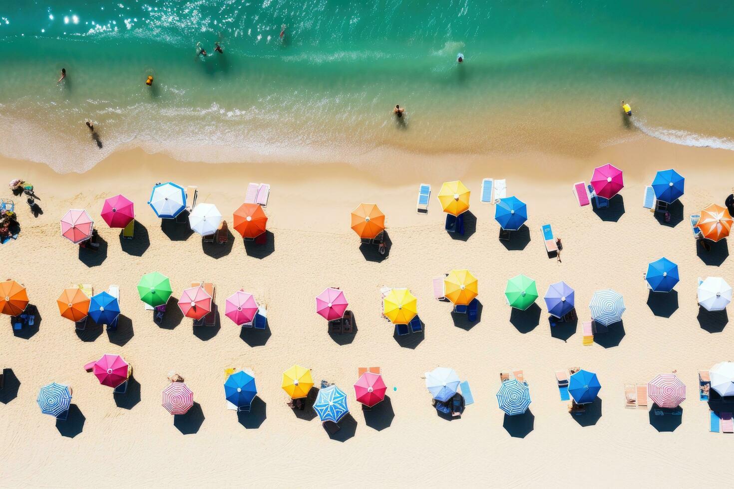 AI generated Aerial view of beach with colorful umbrellas and tourists, A tropical beach with colorful umbrellas - Top-down aerial view, AI Generated photo